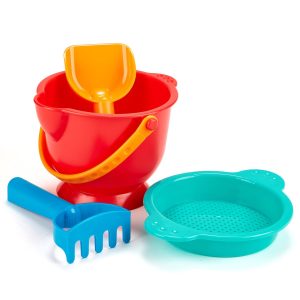 Hape Beach Basics Sand Toy Set Including Bucket Sifter, Rake, and Shovel Toys, Multicolor
