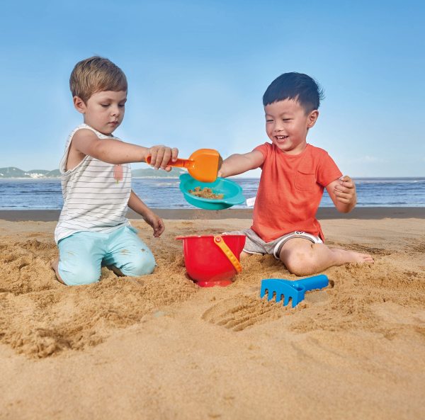 Hape Beach Basics Sand Toy Set Including Bucket Sifter, Rake, and Shovel Toys, Multicolor - Image 2